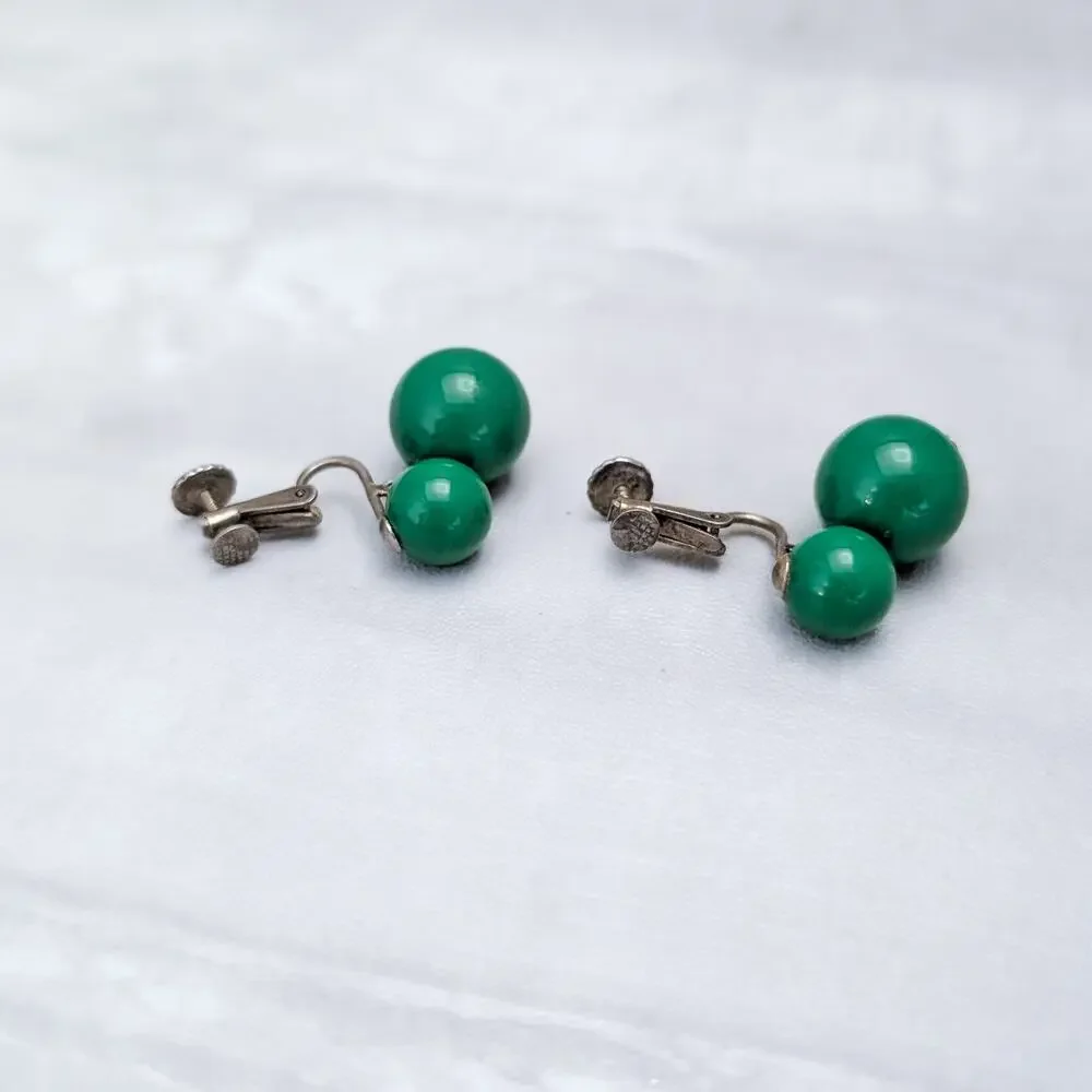 Vintage Richelieu Clip On Earrings Retro Pea Green Ball Duo Dangle Drop Earrings